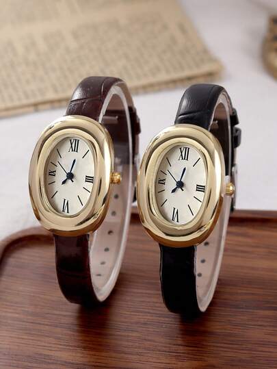 2pcs Vintage Women's Quartz Watch Set, Elegant Oval Dial, PU Leather Strap, Perfect Gift For Girl Friends, Fashionable High-Quality Wristwatch, Choice