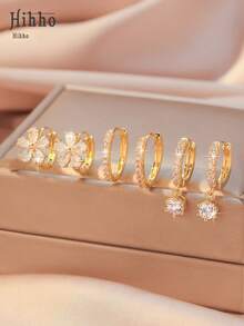 Hihho 6pcs Set Elegant Zirconia Stud Earrings, Classic Retro Design Luxury Minimalist Earring Set, Suitable For Daily Stacking Or Single Wear, Best Gift For Friends - Gold - View 13