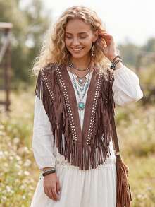 Women's Leather-Studded Suede Knitted Pullover Jacket - 1970s Hippie Style Ensemble - Sleeveless, Buttoned, Floor-Length Fringed Pullover With Western-Style Collar Design - 巧克力棕 - 查看 2
