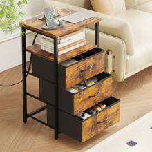 Tomnk Bedside Table With Charging Station, 3 Fabric Drawers Storage End Table, Modern Sofa Side Table For Bedroom Living Room, Bedroom Furniture - 查看 3