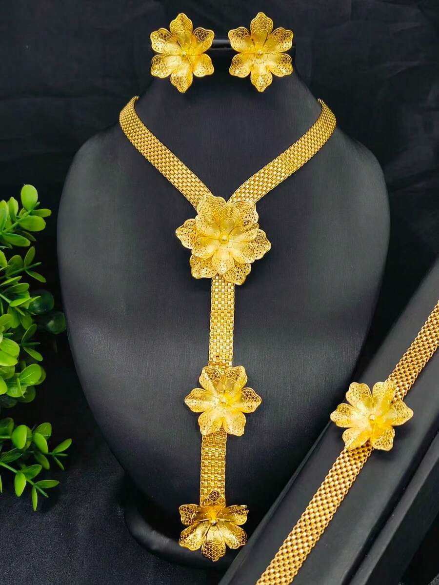 1 Set Fashion Women's Gold-Plated Pendant Necklace Jewelry Set 3pcs, Middle Eastern Dubai Bridal Wedding Dress Accessories, Holiday Gift Necklace Earrings Bracelet - Yellow Gold - View 1