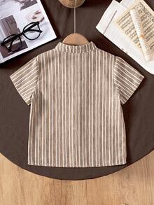 Young Boy Classic Brown Striped Pocket Henley Collar Shirt, Versatile For School, Casual, Party, Performance, Outdoor Travel - Mocha Brown - View 2