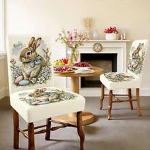 1/2/4/6/30 Stücke Ostern Hase & Blumenmuster Esszimmerstuhl Bezüge, Landhausstil Design, geeignet für Esstisch & Raumdekoration, festliche Atmosphäre, abnehmbar & waschbar Stuhlbezüge - Verschiedenfarbig - Übersicht 6