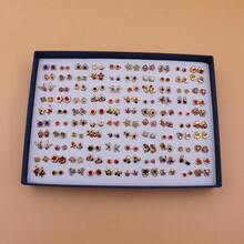 100 Pairs Assorted Fashion Versatile Gold Color Rhinestone Plastic Stud Earrings Set With Box - Gold-colored Diamond Ribbon Gift Box - View 2