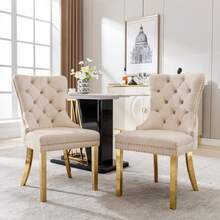 Dining Chair With A Unique Striking Unit At The Back, 2 Stations With Studded Head Trim, Gold Stainless Steel Support Legs, Velvet Fabric - Beige - View 11