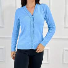 Women's Linen Knit Cardigan With Button Closure - Baby Blue - View 3