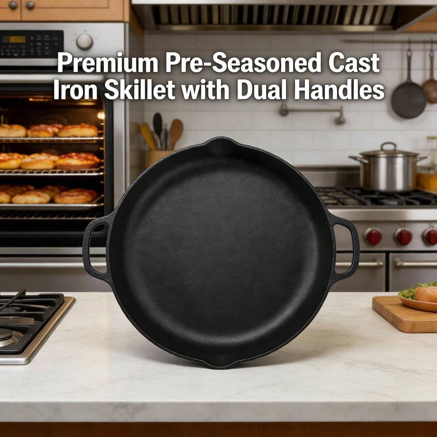 14 Inch Black Non-Stick Cast Iron Skillet - Durable Versatile Pan For Searing Sautéing Baking | All Stove Compatible (Stovetop/Oven/Campfire) - Default - View 1