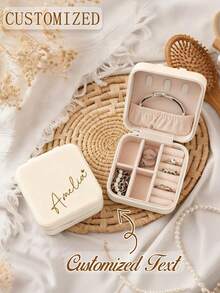 Personalized Name Jewelry Box, Custom Classic Rectangle Fabric-Lined Travel Case With Zipper Closure And Cufflink Compartment,Bridesmaid Gift Box - Multicolor - View 5