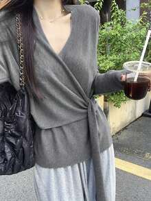 Grey V-Neck Tie-Waist Knit Sweater, Slim Fit Long Sleeve Top, Autumn/Winter New Arrival - Grey - View 7