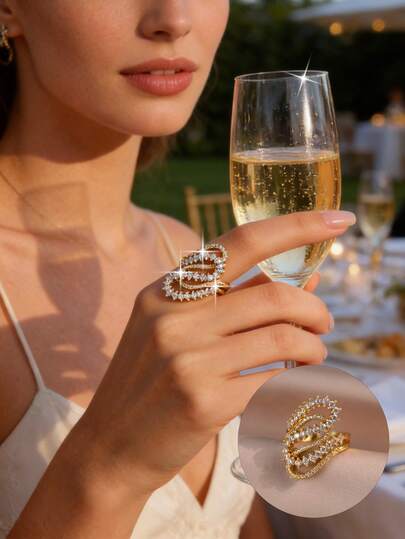 1pc Luxury Noble Multi-Layer S Shape Shiny Cubic Zirconia Engagement Rings,Elegant Romantic Unique Design Openable Ring,Suitable For Daily Wear,Banquets Accessory And Jewelry Gift