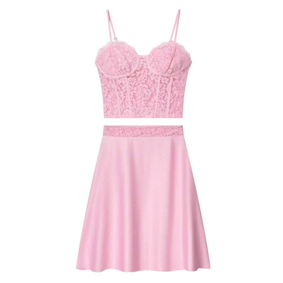 DEEKA Women's Fashionable Sexy Lace Camisole Mini Skirt, European And American Style, Spring/Summer Pink - Pink - View 1