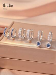 Hihho 6 件套优雅蓝宝石蓝色闪亮方晶锆石镶嵌经典双环吊坠耳环，女士珠宝礼品套装，适合约会、情人节礼物、妈妈、母亲、母亲节、礼物 - 銀色 - 查看 6