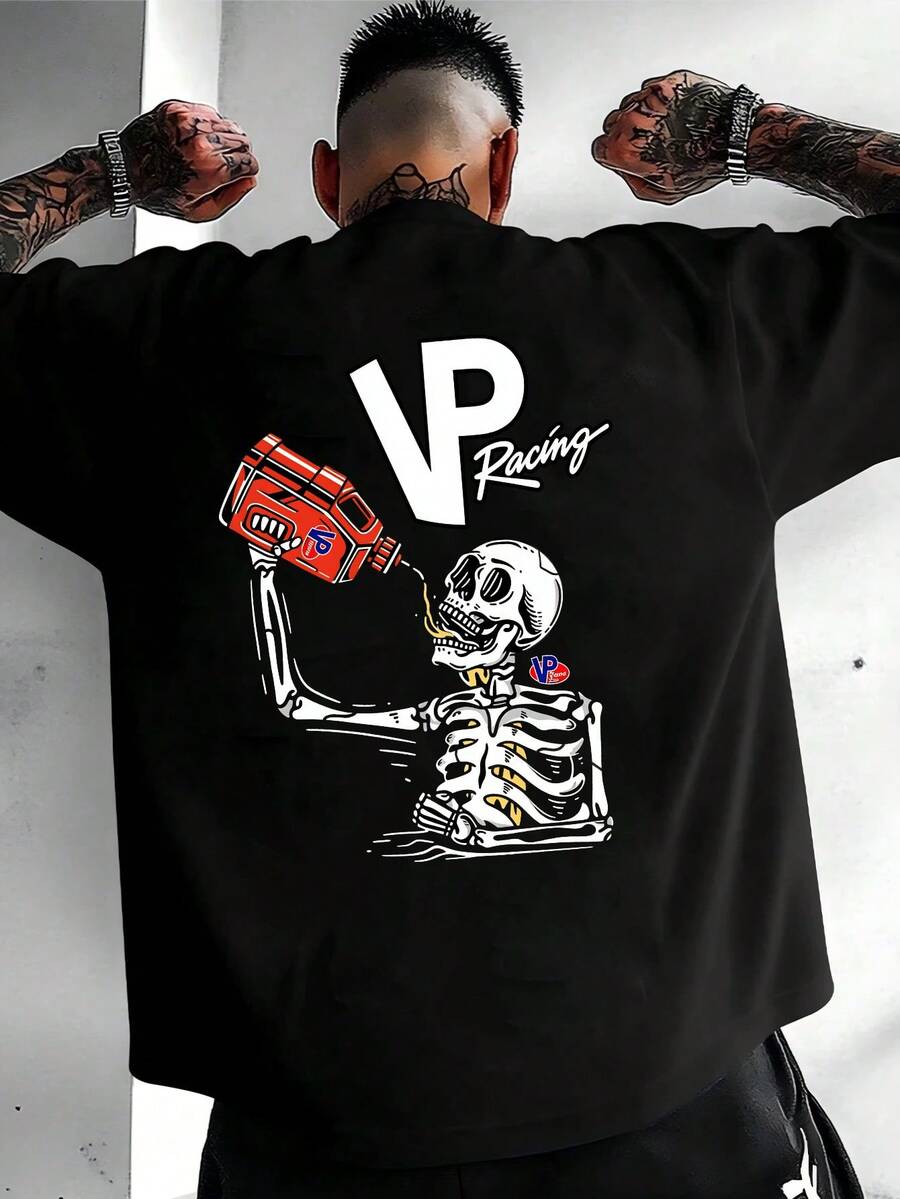 Double Sided Printing 180 Pure Cotton T Shirt Skeleton Drinking Energy Drink Vp Racing Summer Casual And Comfortable T Shirt  Manfinity Hombre Street Wear Manfinity Men Graphic T Shirt Camisetas De Hombre Fashionable Short Sleeved Comfortable And Multi Functional Summer T Shirt Top Street Wild And Fashionable Short Sleeved - 黑色 - 查看 1