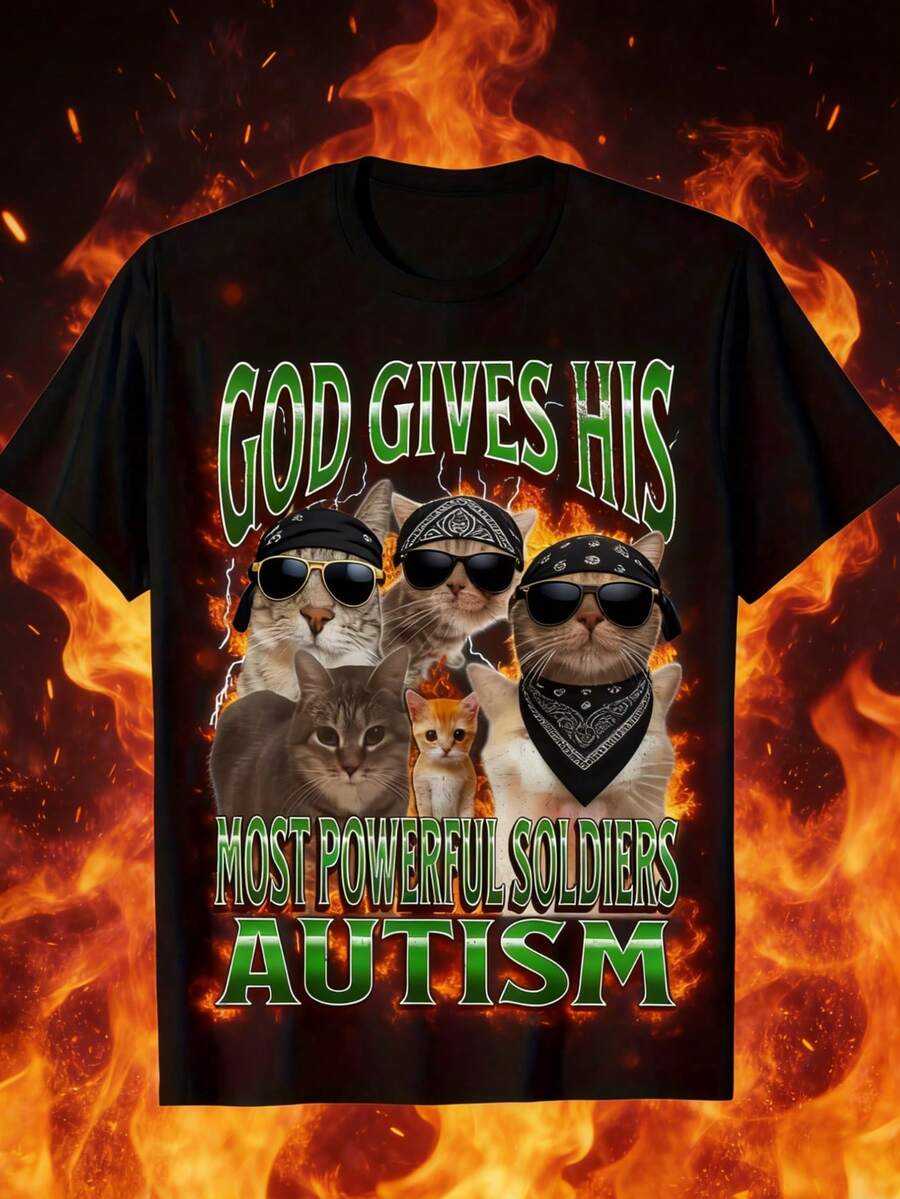 Funny Cat Meme T-Shirt For Men's Awareness HSY - Slogan 'God Gives His Mightiest Soldiers', 100% Cotton 180g, Short Sleeve Crew Neck T-Shirt, Soft Casual Fit, Comfortable Birthday, St. Patrick's Day, Graduation, Easter Gifts For Men, Dad - 黑色 3 - 查看 1
