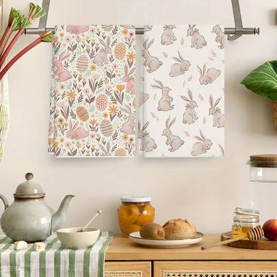 2pcs Easter Bunny Kitchen Towels, Adorable Spring Floral And Rabbit Design, Super Soft Microfiber Knit Dish Cloths, Machine Washable, Seasonal Spring Decor, Easter Party Decoration, For Cooking And Cleaning, Housewarming Gift