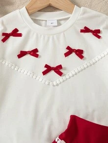 Girls' Casual Outgoing Fashion Solid Color Ruffle Decor Bow Design Drop Shoulder Short Sleeve Top And Elastic Waist Bow Pleated Mini Skirt Set, Summer - Red - View 6