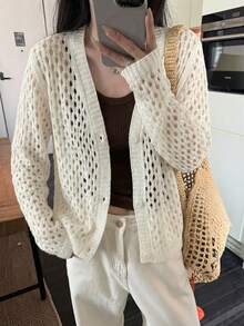 Casual Hollow Out Long Sleeve Cardigan, Spring/Summer - Apricot - View 1