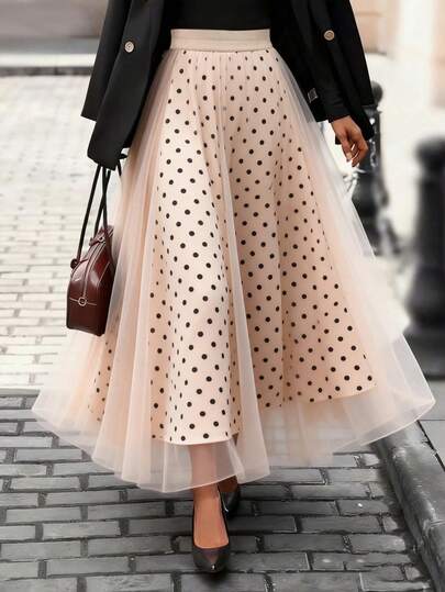 Women's Polka Dot Mesh Overlay Skirt,Chiffon A-Line Skirt, Leopard Print Mesh, Elegant Umbrella Hem, Breathable & Machine Washable, Suitable For Casual To Semi-Formal Occasions In Spring, Summer And Autumn, A Must-Have Wardrobe Staple, Fashionable Silhouette, Exquisite Craftsmanship, Hemline Design, Suitable For Office Wear