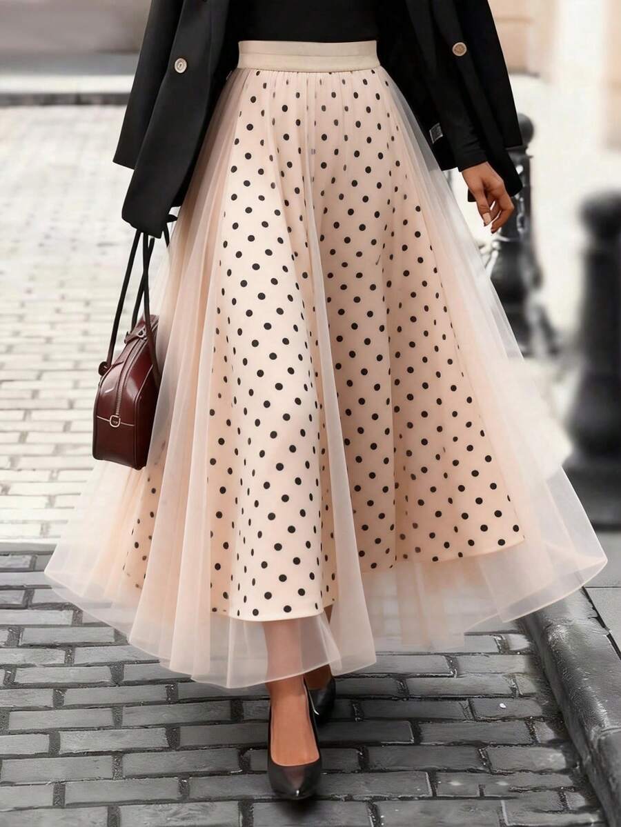 女士波点网纱拼接半身裙，雪纺A字裙，豹纹网纱，优雅伞裙下摆，透气可机洗，适合春、夏、秋季休闲至半正式场合，衣橱必备单品，时尚廓形，精湛工艺，裙摆设计，适合办公室穿着。 - 彩色 - 查看 1