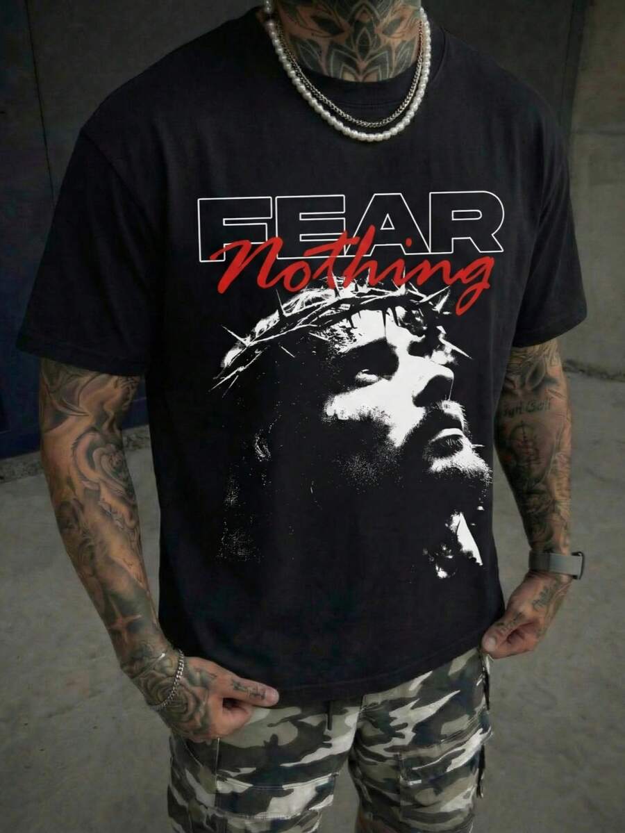 男士夏季休闲街头宗教纹身风格“无所畏惧”耶稣基督图案字母标语黑色T恤 - 黑色 - 查看 1