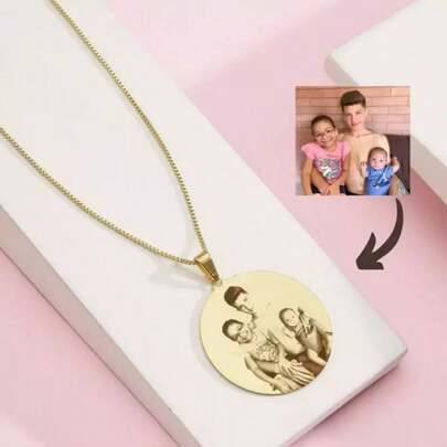 Colar Medalha Personalizado Foto Gravação A Laser Presente Banhado A Ouro 18k Prata Dourado Caixa FV