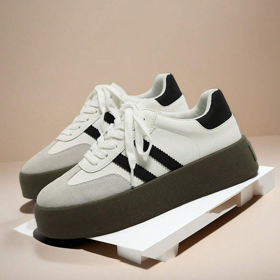 米色女士运动鞋，轻便百搭，户外训练鞋，时尚厚底舒适休闲鞋，适合学生外出穿着 - 米色 - 查看 1