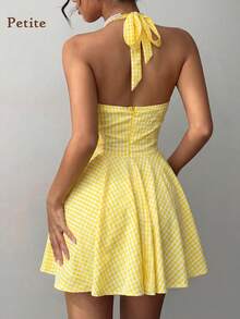 Soulscape Petite Women's Elegant Spaghetti Strap Mini Dress, Deep V-Neck Design With Adjustable Tie Back, Fitted A-Line Silhouette, Suitable For Summer Garden Parties, Outdoor Photography, Vacation, And Daily Sightseeing - Yellow - View 2