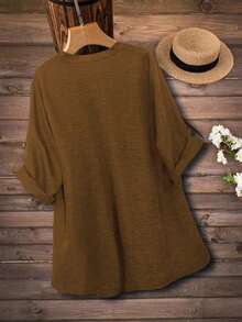Plus Size Casual Solid Color Button Decor Notch Collar Shirt Spring - Mocha Brown - View 4