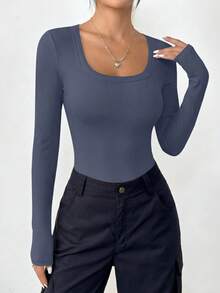 PRETTYGARDEN Women Spring And Fall Long Sleeve Shirts Clothes Cute Going Out Tops Ribbed Tight Fitted Plain Basic Tee Tshirts Vacation Outfits For Women - 深灰藍 - 查看 5