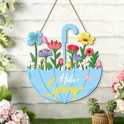 1 Piece Of Spring Wooden Decor, "Hello Spring" Wooden Welcome Sign, Spring Farmhouse Sign With Umbrella And Flowers Wall Decor, Wooden Wall Art, Suitable For Spring Home Decoration, Seasonal Wooden Front Door Hanger