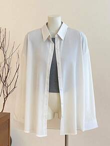 Women's Solid Color Loose Turndown Collar Button-Up Shirt, All Season - White - View 9