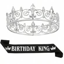 國王皇冠與生日肩帶，男士國王皇冠，金色男士王子頭飾，皇家中世紀角色扮演生日派對萬聖節髮飾，適用於21、30、40、50、60、70和80歲男士派對裝飾禮物 - 彩色 - 查看 18