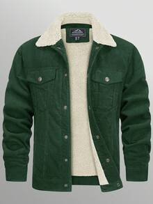 KEFITEVD Men's Corduroy Casual Jacket Cotton Sherpa Lined Fleece Lapel Thickened Trucker Jacket Snap Button Coat - 翠綠色 - 查看 1
