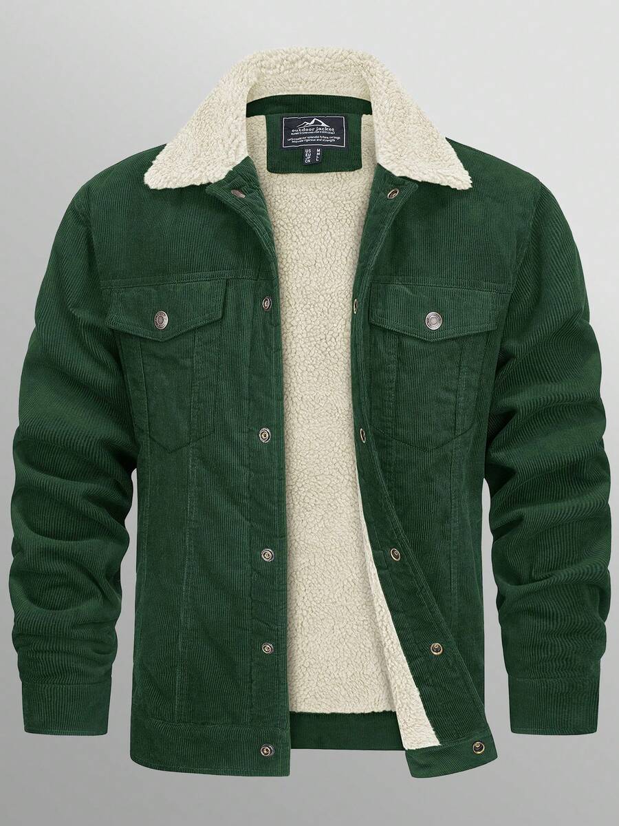 KEFITEVD Men's Corduroy Casual Jacket Cotton Sherpa Lined Fleece Lapel Thickened Trucker Jacket Snap Button Coat - 翠綠色 - 查看 1