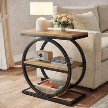 3-Tier End Table, Side Table With Storage Shelves, Small Sofa Side Table For Living Room, Wooden Side End Table With Double Round Metal Legs, Slim Nightstand And Bedside Table, Light Brown And Black - 淺棕色和黑色 - 查看 12