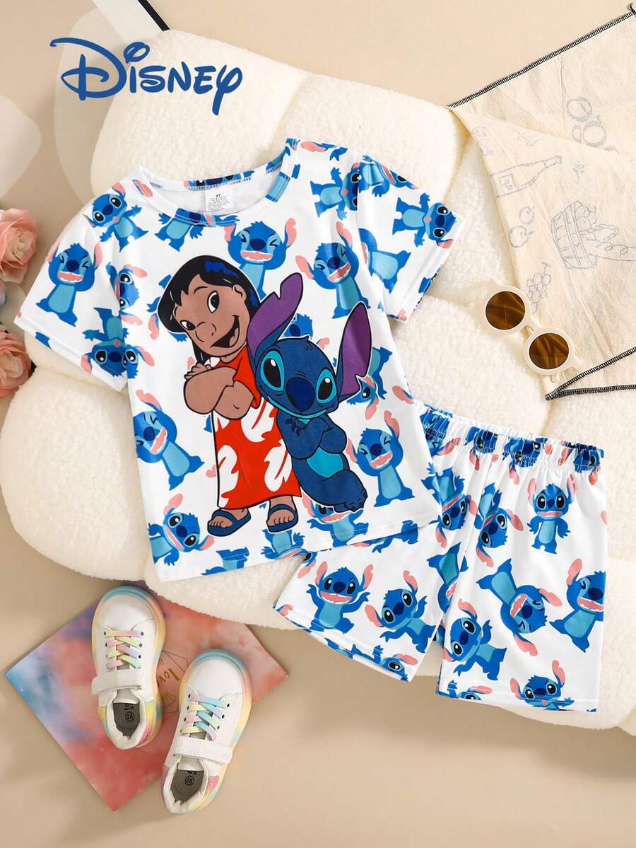 Disney 夏季女童莉萝与史迪奇可爱T恤短裤套装，史迪奇趣味卡通印花，弹力面料，适合儿童日常穿着，精美礼物 - 藍色 - 查看 1