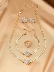 5pcs/Set Elegant Metallic Heart Shaped Rhinestone Pendant Necklace, Bracelet, Earrings, Ring Jewelry Set, Suitable For Teenage Girls Daily & Festival Wear - Yellow Gold - View 3