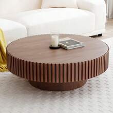 39.37" Round Coffee Table Wood, Modern Unique Circle Coffee Table, Contemporary Drum Fluted Coffee Table Accent End Side Table Center Table For Living Room, Small Space, Apartment - Quả óc chó - Xem 4