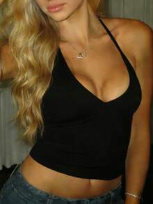 Áo hai dây croptop màu đen dành cho nữ, thiết kế dệt kim khoét lỗ với chi tiết nơ, phù hợp cho đi chơi, dự tiệc và phong cách đường phố. - màu đen - Xem 5