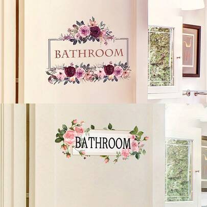 1/2/3pcs Watercolor Floral Bathroom Door Stickers, Easy To Peel And Stick Rose Flower Decals, Suitable For Bathroom Wall, PVC Waterproof Door Sticker, Vanity Decor