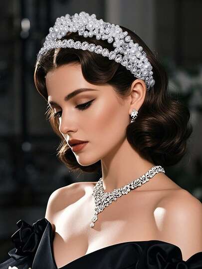 1pc Luxury Faux Pearl & Rhinestone Decor Double-Layer Headband, Fashionable & Charming Headpiece Suitable For Weddings, Brides, Parties, Galas