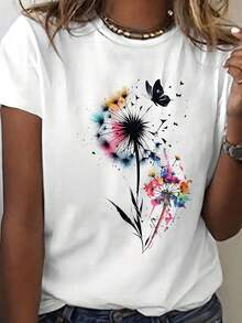 Brand New Creative Design! A T-Shirt With White And Bright Dandelion And Butterfly Patterns, Women's Fashion Style, Perfect For Outdoor Casual Wear, Round Neck Design, Comfortable And Wrinkle-Resistant Cotton T-Shirt - trắng - Xem 7
