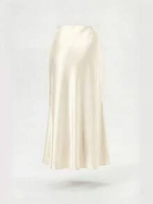 女士时尚休闲简约优雅弹力缎面直筒裙 春季 - 乳白色 - 查看 8