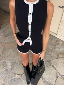 2026 HoloChill 女士休闲撞色修身两件套：无袖圆领开衫和配套短裤，适合社交、派对、海滩度假和优雅场合的百搭夏季服装 - 黑色 - 查看 4