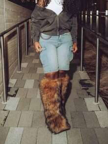 冬季女式及膝靴套穿仿皮草靴毛茸茸圆头时尚靴子绒面舒适毛绒保暖及膝靴户外室内平底鞋派对考究女式冬靴，毛茸茸靴子 - 棕色 - 查看 10