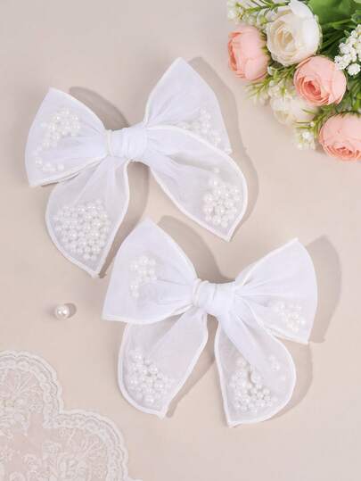 2个白色网纱蝴蝶结发夹，亮面珍珠摇摇蝴蝶结，燕尾鳄鱼夹，优雅夏威夷/度假风发夹，简约发卡，精致日常发夹，女士发饰