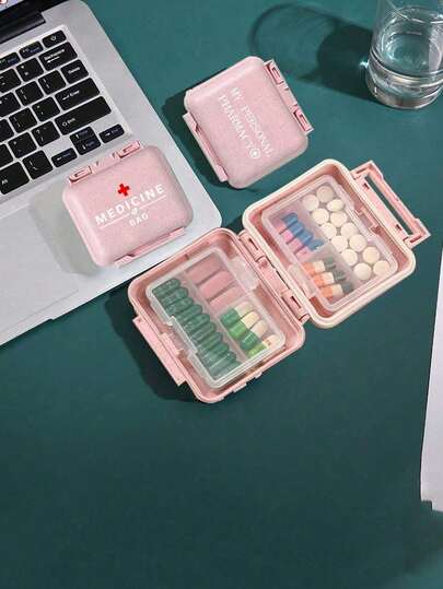 Mini 6-Grid Medicine Box Portable, Six-Grid Small Medicine Box,Pink Small Medicine Box With The Letter 'medicine',Storage Box For 6 Days A Week,Initial Travel Pill Organizer, 6 Compartments Portable Pill Case, Daily Pill Box To Hold Vitamins, Small Pill Container For Pocket Purse Medicine Organizer,Letter Id Charm Storage Case,Earrings, Rings, Jewelry Storage Box,Essential For Families, Essential For Travel ,Room Decor