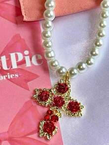 Cute, Sweet, Elegant, Minimalist, Japanese/Korean Style Rose Cross Beaded Necklace - Multicolor - View 3