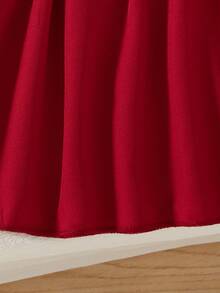 Girls' Casual Outgoing Fashion Solid Color Ruffle Decor Bow Design Drop Shoulder Short Sleeve Top And Elastic Waist Bow Pleated Mini Skirt Set, Summer - Red - View 11