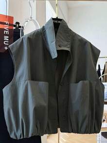 European Style High-End Stand Collar Short Utility Vest Jacket For Women, Layerable Chic Top For Spring & Autumn - Grey - View 3